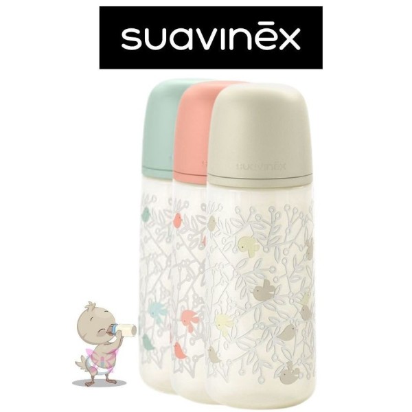 Suavinex Birdies Biberon 360 ml – Colori Beige/Rosa/Verde